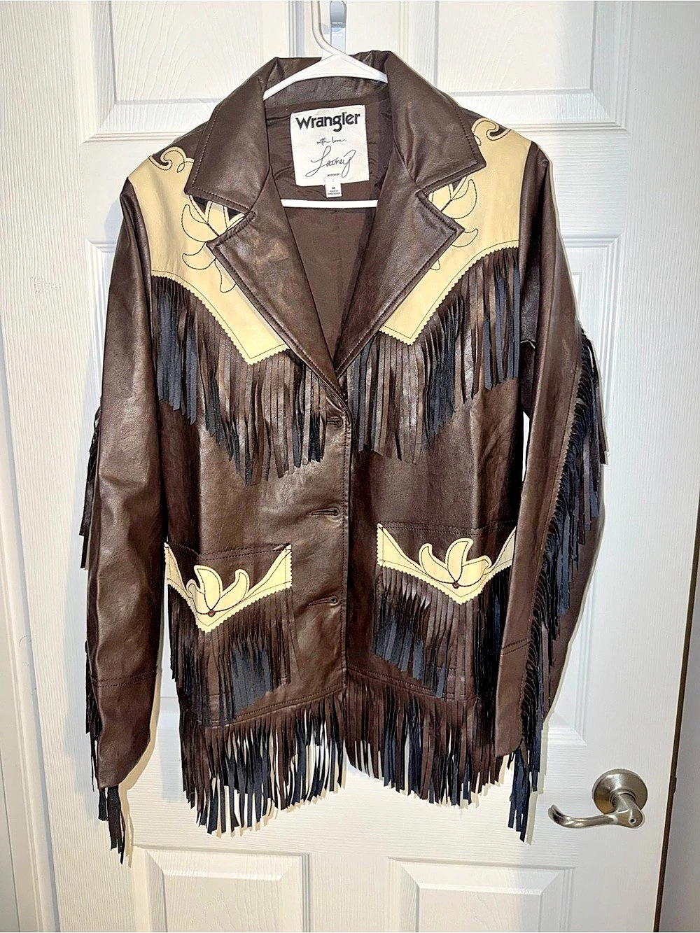 Wrangler x Lainey Wilson Fringe Faux Jacket in Brown and Cream/Tan